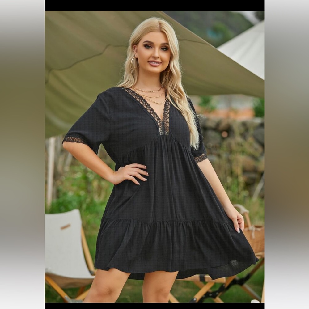 SHEIN VCAY Plus Lace Panel Ruffle Hem Smock Dress
